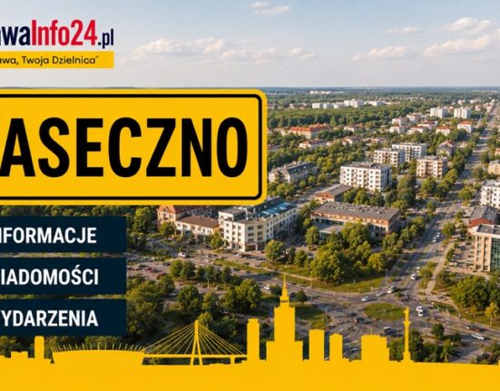Grafika WarszawaInfo24.pl z żółtą tabliczką "Piaseczno" i ikonami Informacje, Wiadomości, Wydarzenia na tle panoramy miasta Piaseczno