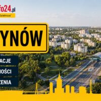 Grafika WarszawaInfo24.pl z żółtą tabliczką "Ursynów" i ikonami Informacje, Wiadomości, Wydarzenia na tle panoramy dzielnicy Ursynów w Warszawie