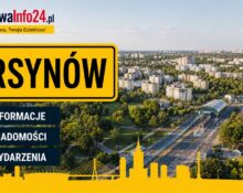 Grafika WarszawaInfo24.pl z żółtą tabliczką "Ursynów" i ikonami Informacje, Wiadomości, Wydarzenia na tle panoramy dzielnicy Ursynów w Warszawie