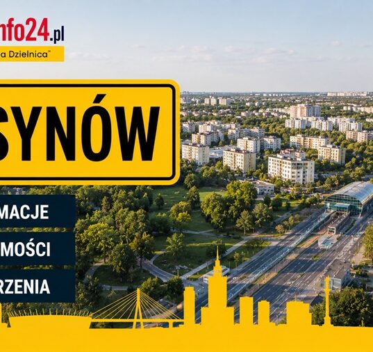 Grafika WarszawaInfo24.pl z żółtą tabliczką "Ursynów" i ikonami Informacje, Wiadomości, Wydarzenia na tle panoramy dzielnicy Ursynów w Warszawie