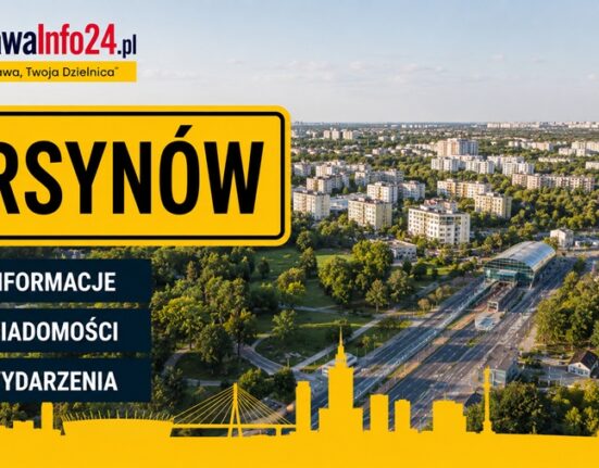 Grafika WarszawaInfo24.pl z żółtą tabliczką "Ursynów" i ikonami Informacje, Wiadomości, Wydarzenia na tle panoramy dzielnicy Ursynów w Warszawie